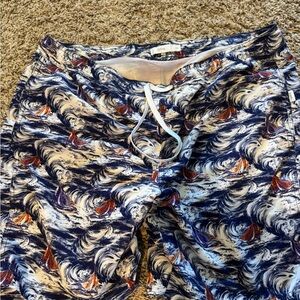 Onia Navy, White & Orange Wave-Print Swim Trunks